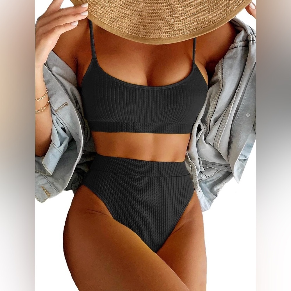 NWT Lilosy High Waisted Tummy Control Ribbed Bikini Crop Top Brazilian Swimsuit